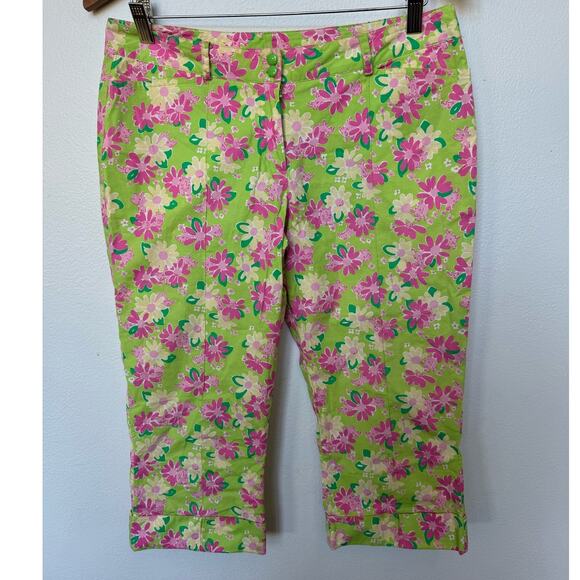 Lilly Pulitzer VTG Daisy Floral Mid Rise Capri Pants Cuff Pockets Green Sz 4 - Picture 1 of 7